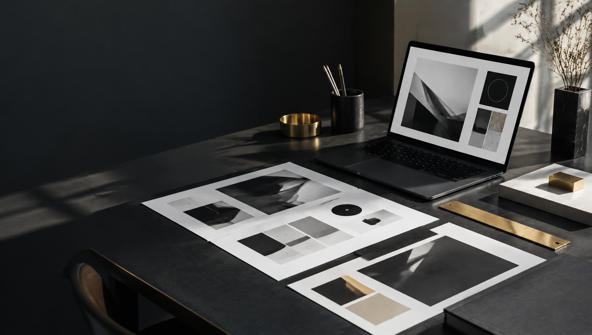 A carefully organised creative workspace with brand materials
